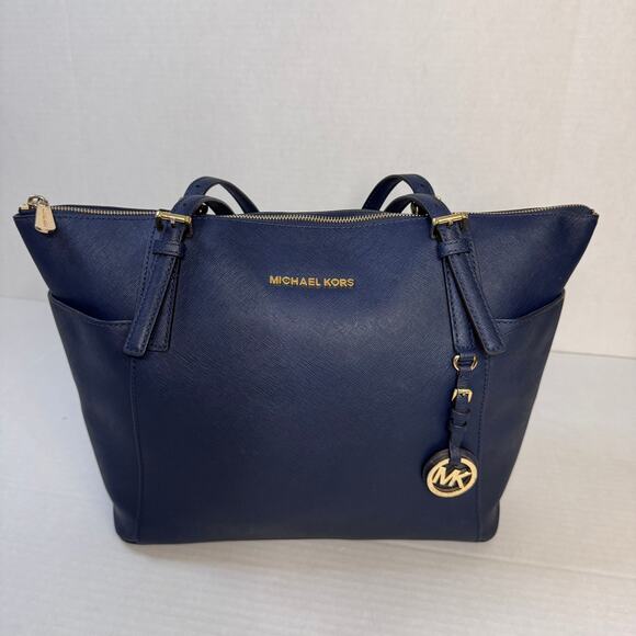 Michael Kors Jet Set Top Zip Business Tote Navy EUC - Picture 1 of 16